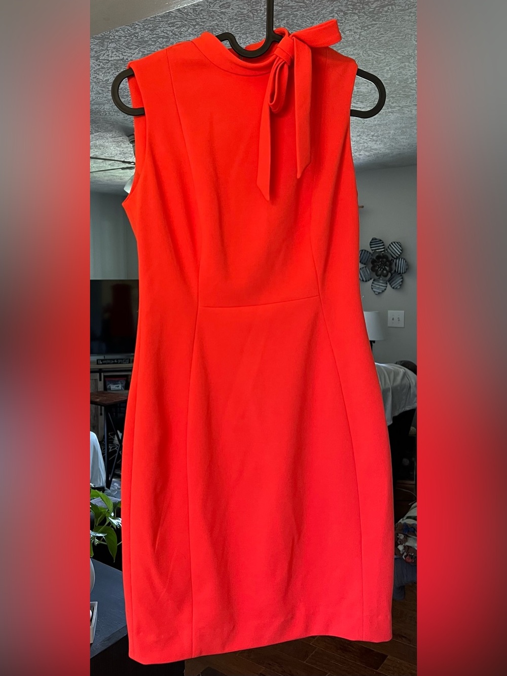 Calvin Klein Burnt Orange Tie Neck Sheath Dress Gold Zip Size 2